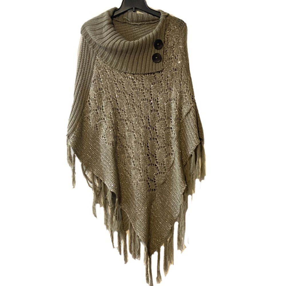 Stylish Knit Pancho with Sequence and Fringe